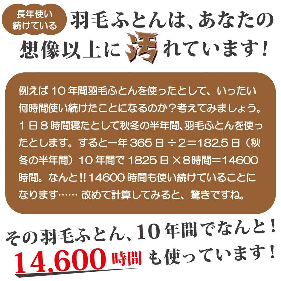 長年使っている羽毛布団は想像以上に汚れています。