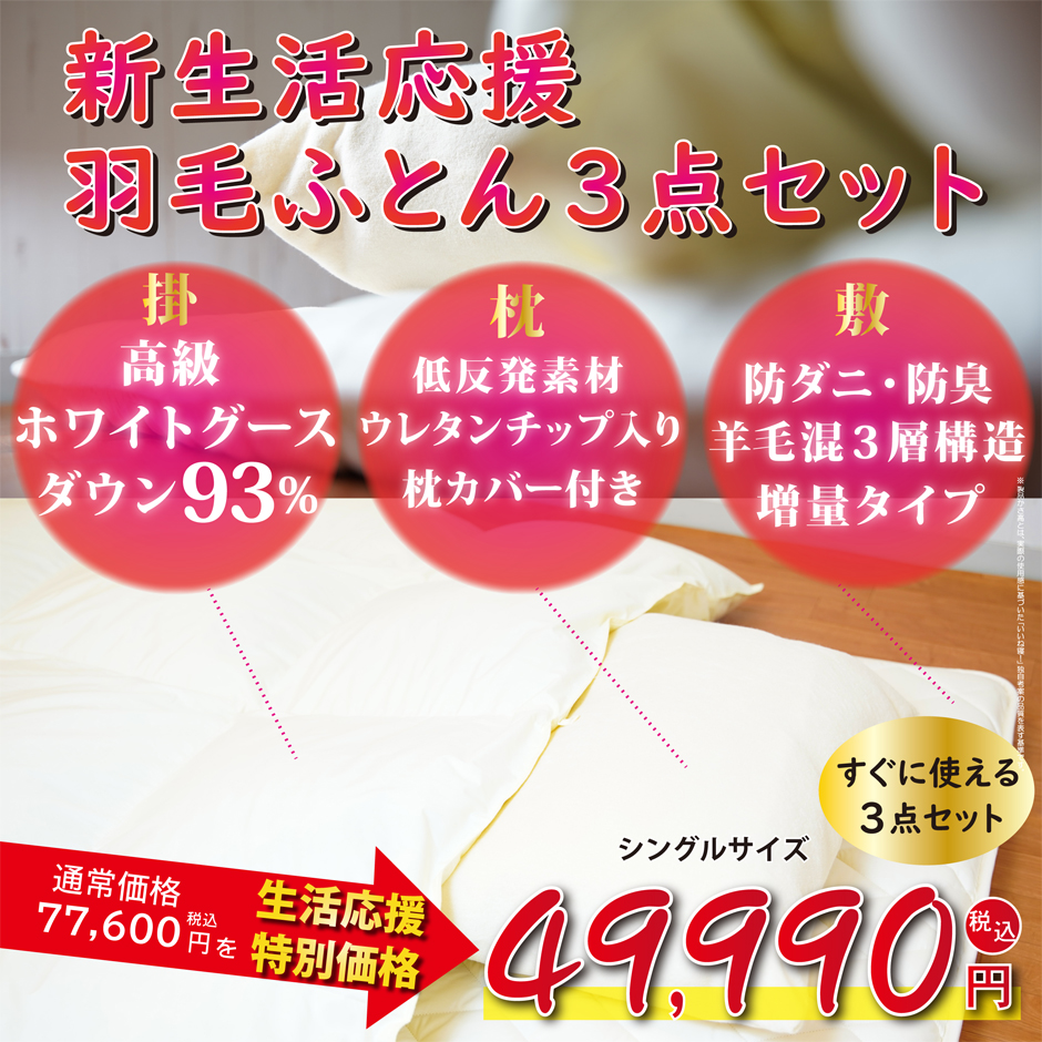 新生活応援羽毛布団3点セットシングルサイズ