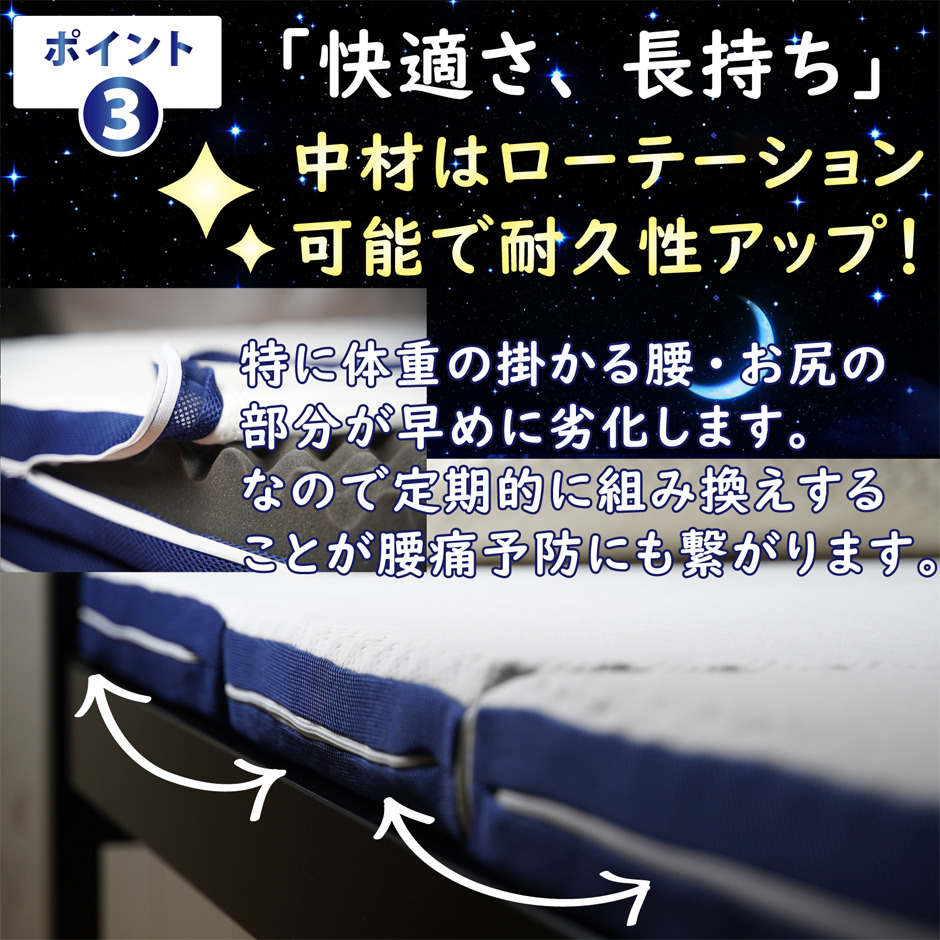 中材は、ローテーション可能で耐久性が大幅アップ。