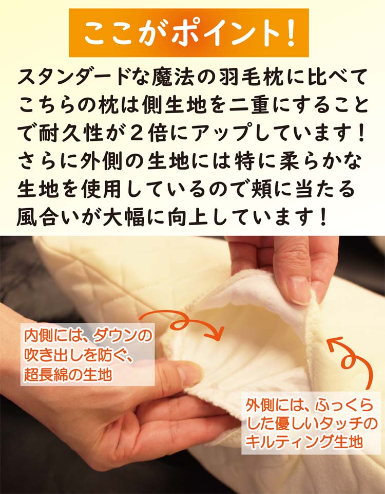 この羽毛枕は、生地が二重になっています。