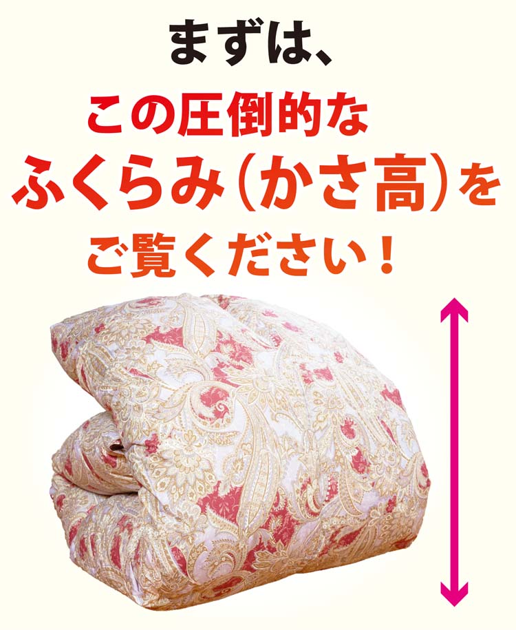 この羽毛布団の圧倒的なカサ高をご覧ください。