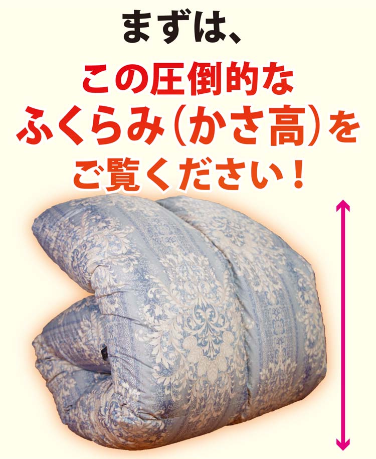 この羽毛布団の圧倒的なカサ高をご覧ください。