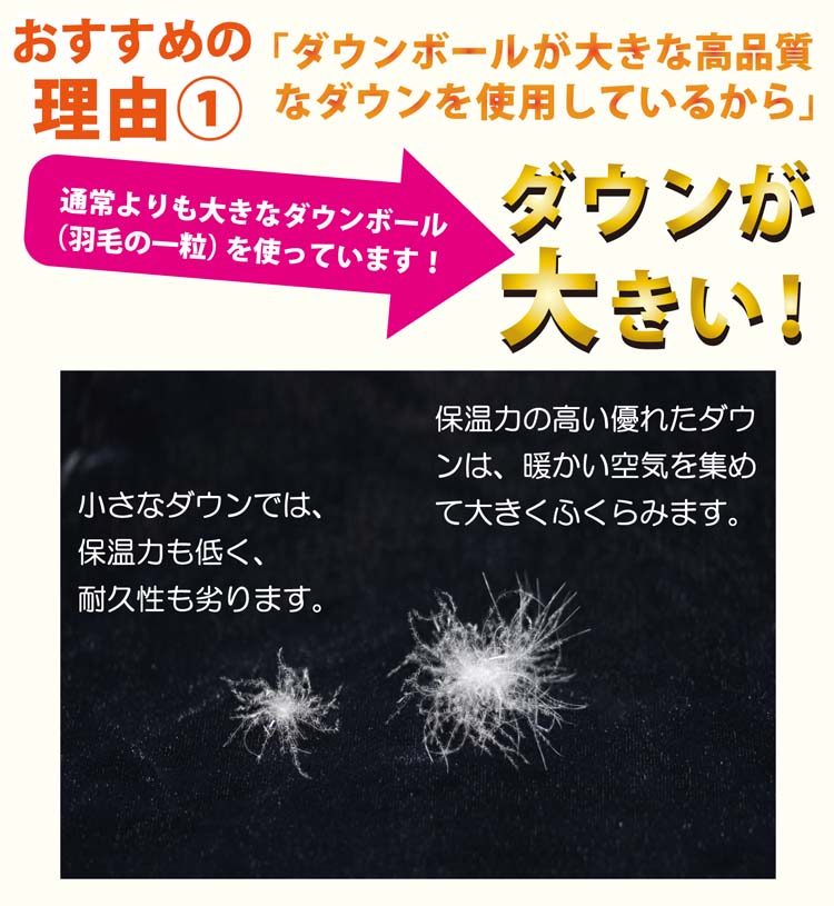 この羽毛布団には、良質な大きなダウンを使っています。