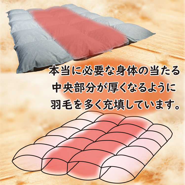 本当に必要な身体に当たる部分を厚くなるように羽毛を入れています。