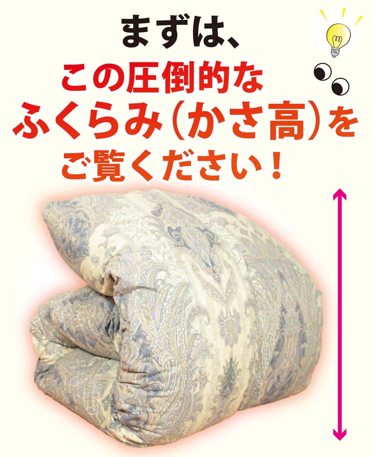 この羽毛布団の圧倒的なカサ高をご覧ください。