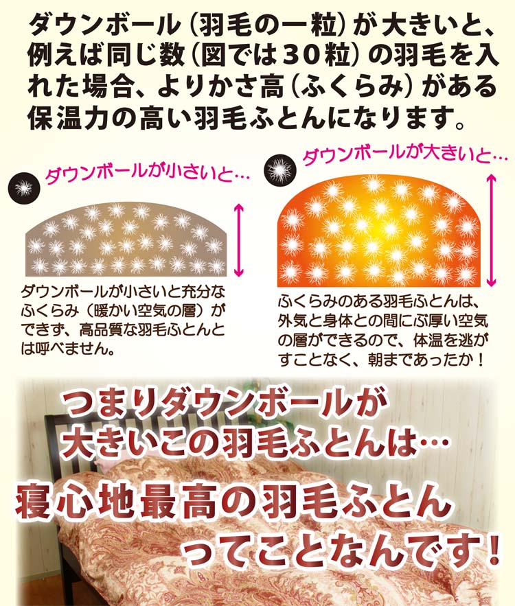 ダウンボールが大きいとよりカサ高がある羽毛布団になります。