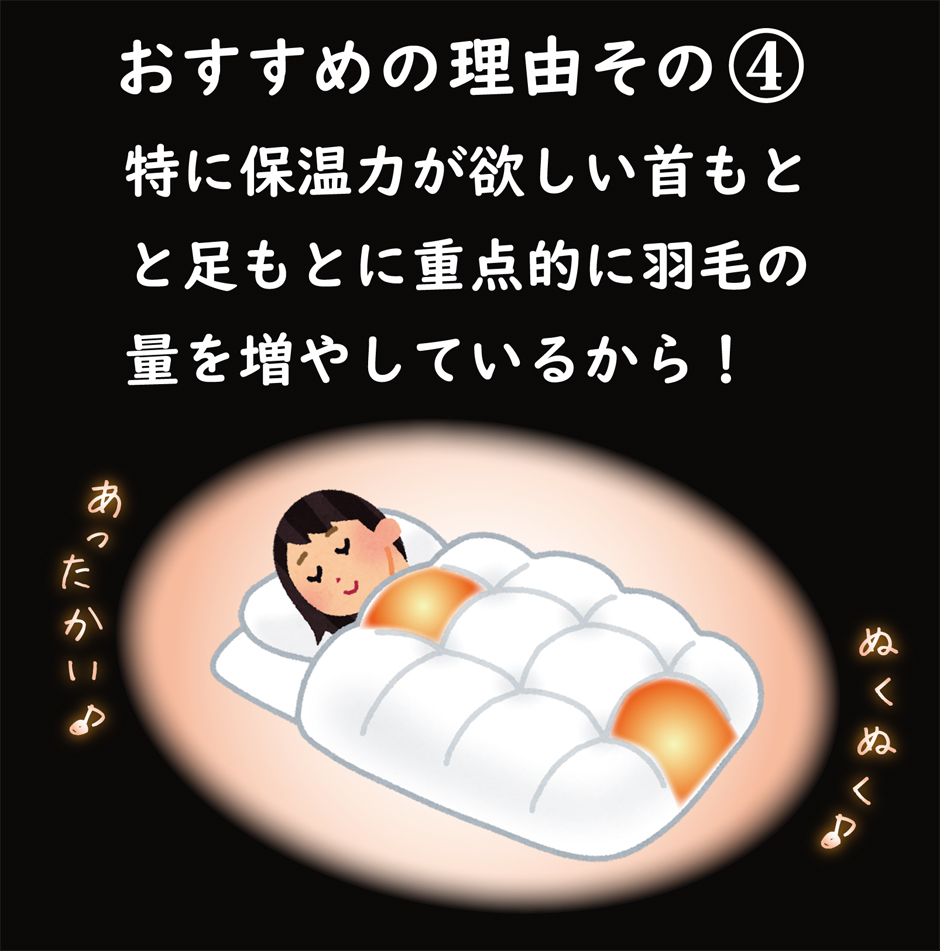 特に保温力が欲しい首元と足元に特にダウンを増量しています。