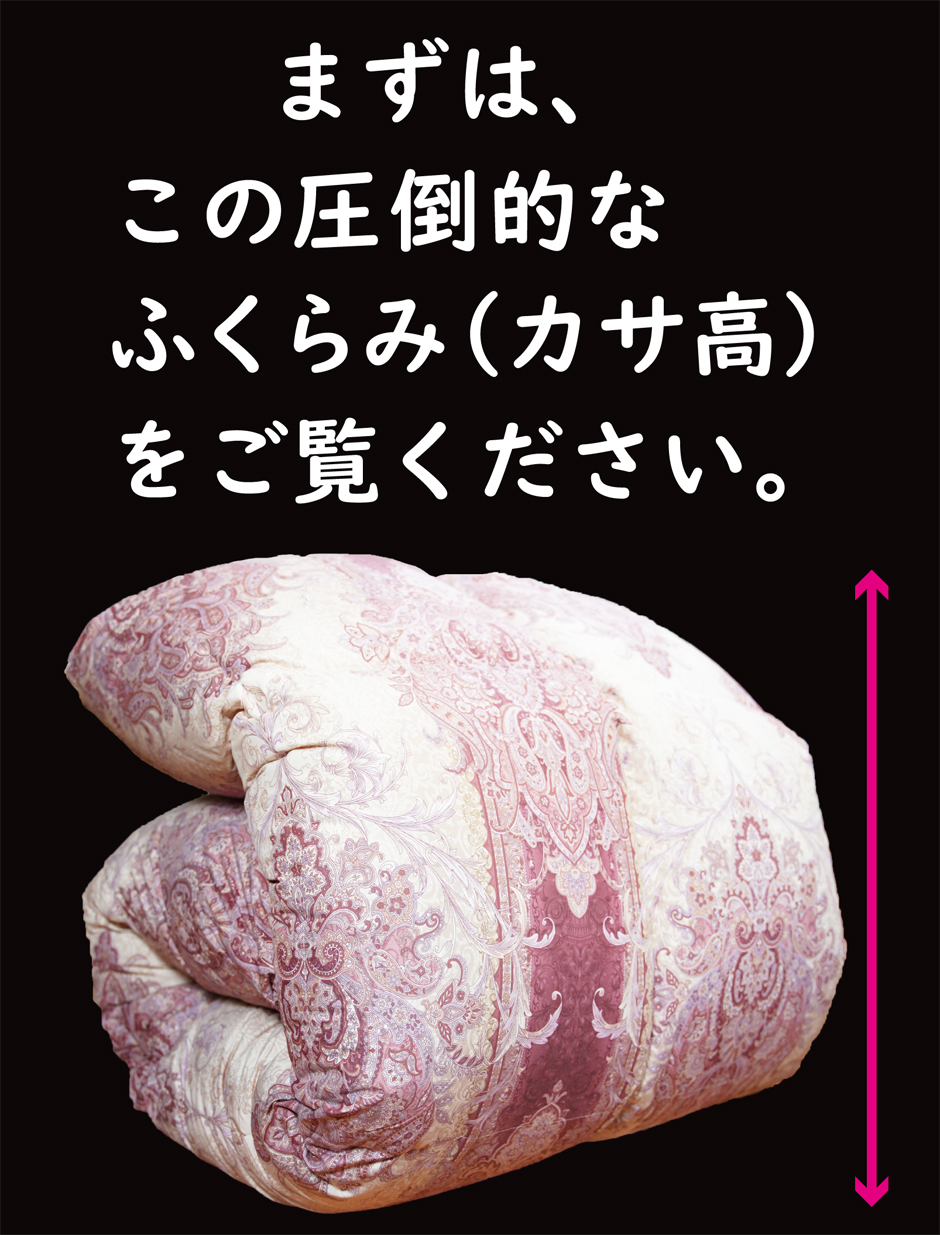 この羽毛布団の圧倒的なカサ高をご覧ください。