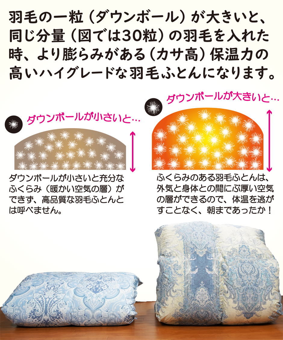 ダウンボールが大きいとカサ高の羽毛布団になります。