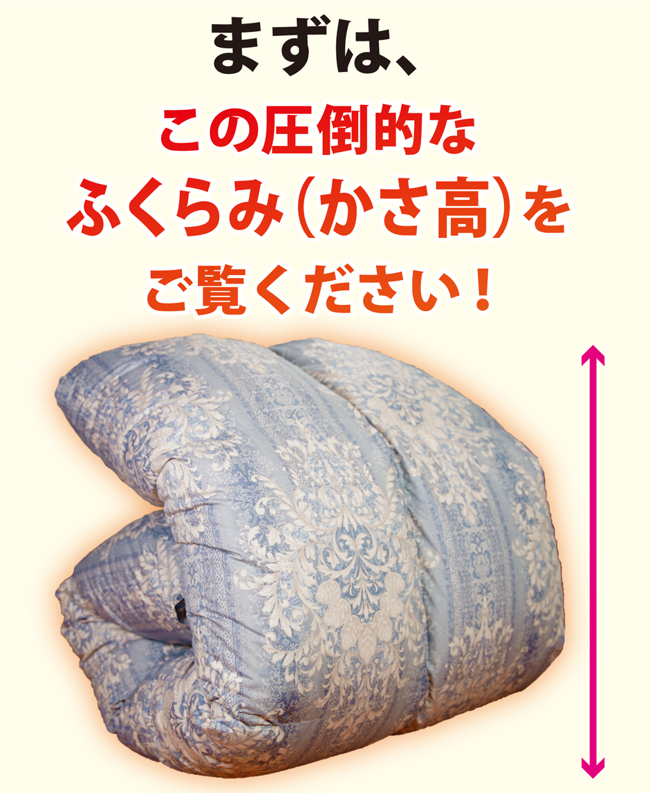 この羽毛布団のカサ高をご覧ください。