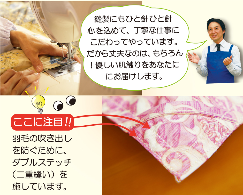 ダブルステッチなので羽毛の吹き出しを防ぎます。