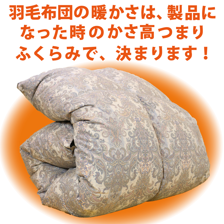 羽毛掛け布団の暖かさは製品になった時のカサ高で決まります。